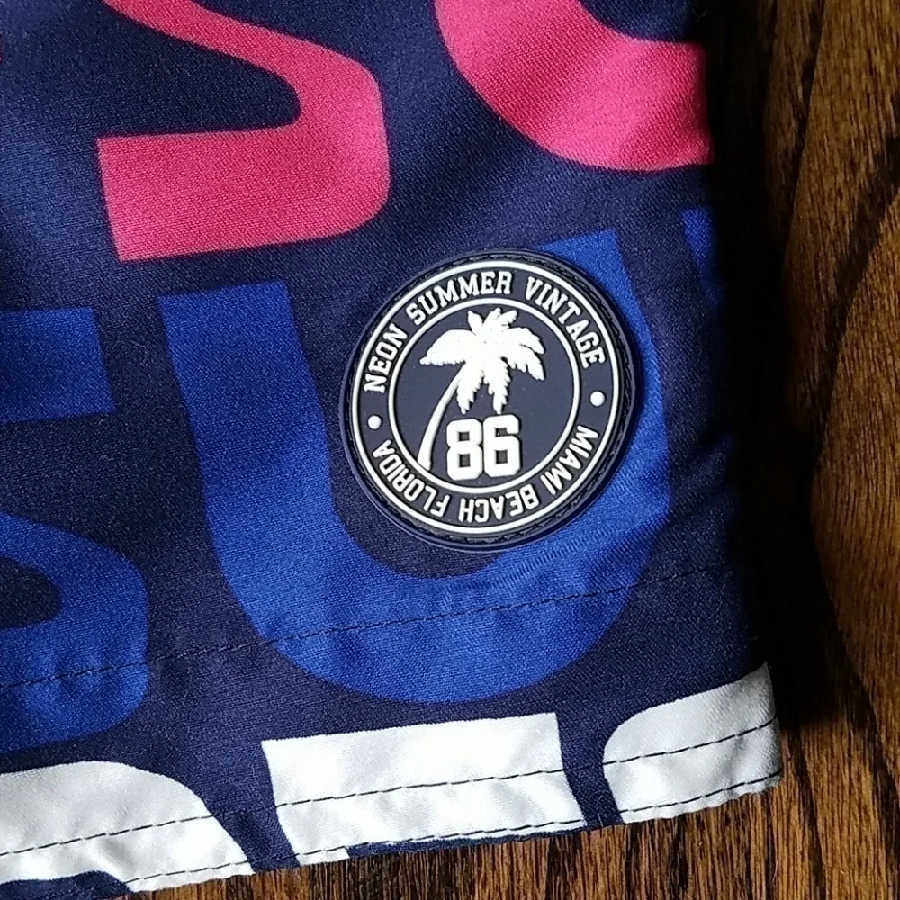 Miami Beach Blue Neon Summer Surfing Swimwear Trunks Men's Surf Logos New France